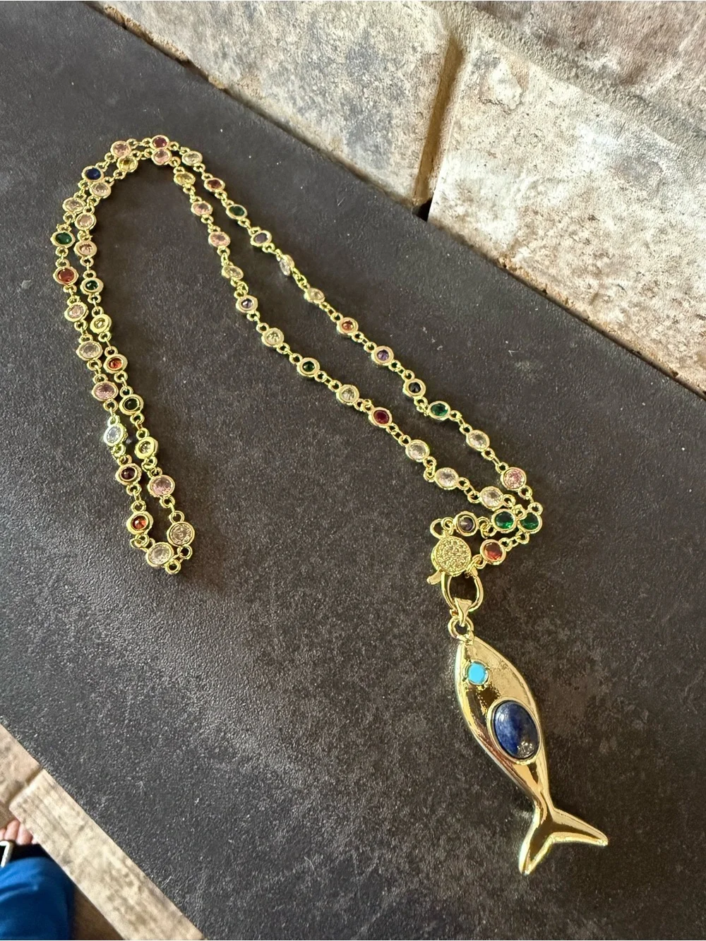 Freida Rothman Brass and Gold Multi Gem Fish Pendant Necklace